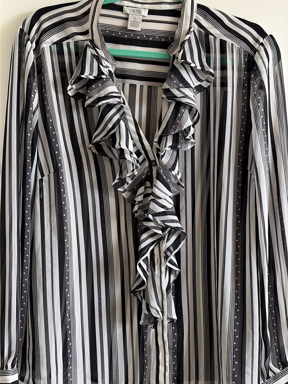 Cache Vintage Black and White Striped Ruffle Blouse